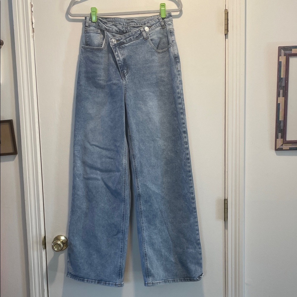 Commense Denim High Waisted Asymmetrical Silver Buttons Closure Wide-Leg Jeans